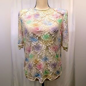 Scala Cream Multicolor Beaded Flowers Sheer Top Short Sleeves Womens Medium